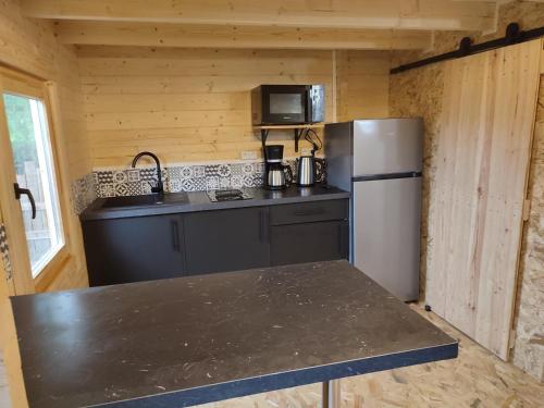 a small kitchen with a refrigerator and a microwave at Le chalet des Sarteaux in Ville-sur-Lumes