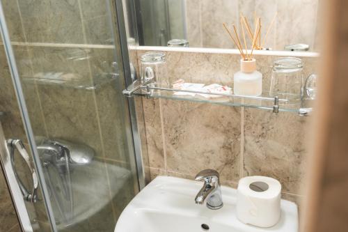 a bathroom with a shower and a sink and a toilet at Hotel Gorna Banya in Sofia