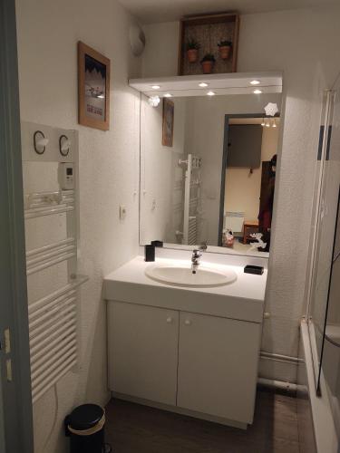 une salle de bain avec un lavabo et un miroir dans l'établissement Appartement au pied de la montagne, à Allos