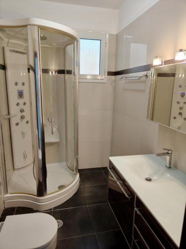 a bathroom with a shower and a toilet and a sink at Villa Beata in Perama
