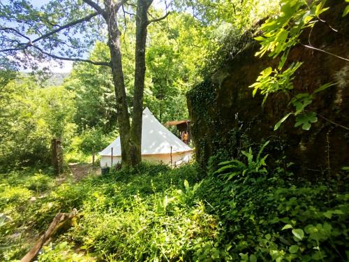 a white tent in the middle of a forest at Tente tipi nature, calme, cascade et baignade à 10 minutes à pieds in Saint-Laurent-le-Minier