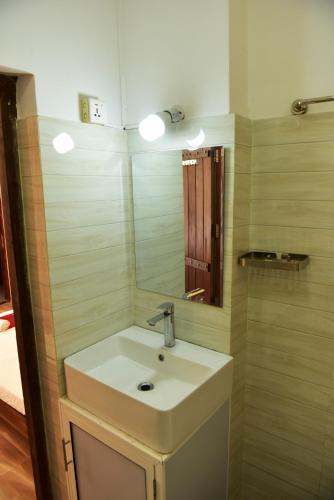 a bathroom with a sink and a mirror at Bird's Way Villa in Kandy