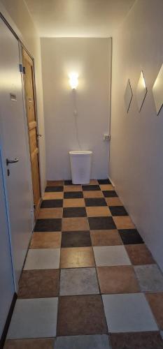 a bathroom with a toilet and a checkerboard floor at Reykjanes Apartments in Grindavík
