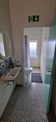 a bathroom with a sink and a toilet and a mirror at Reykjanes Apartments in Grindavík