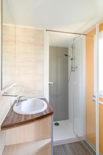 une salle de bain avec un lavabo et une douche dans l'établissement Mobil-home 6 personnes 3 chambres, à La Boissière-de-Montaigu