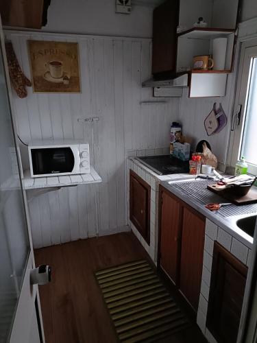 a small kitchen with a sink and a microwave at La terrazza sul Borgo di Quadroni in Manziana