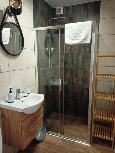 a bathroom with a shower and a sink at Dom JAMAR - apartamenty in Jastrzębia Góra