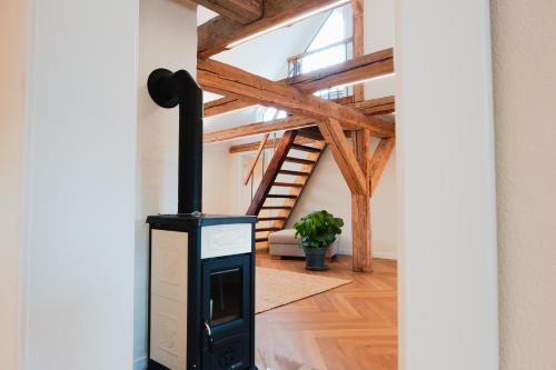 a wood stove in a living room with wooden ceilings at Ilsehof Apartment Anna in Osterwieck