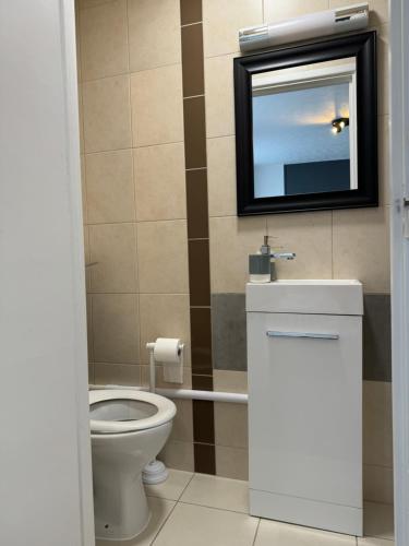 a bathroom with a toilet and a television on the wall at St Georges Guest House in St Peter Port