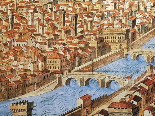 a painting of a city with a bridge at Leone Blu Suites | UNA Esperienze in Florence