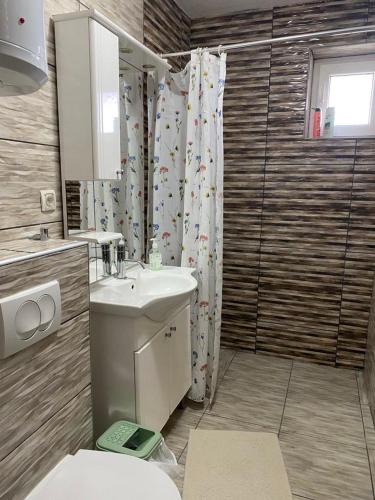 a bathroom with a sink and a toilet and a shower at Apartman Fad in Bihać
