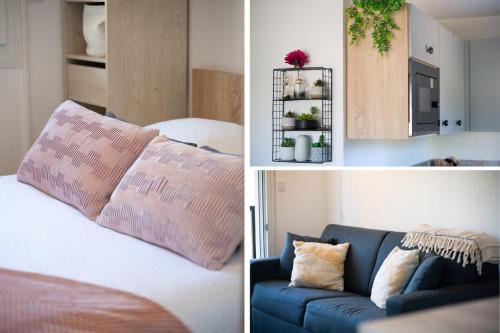 - trois photos d'une chambre avec un lit et un canapé dans l'établissement L'Opaline - F2 pour 4Pers / Houlgate, à Houlgate