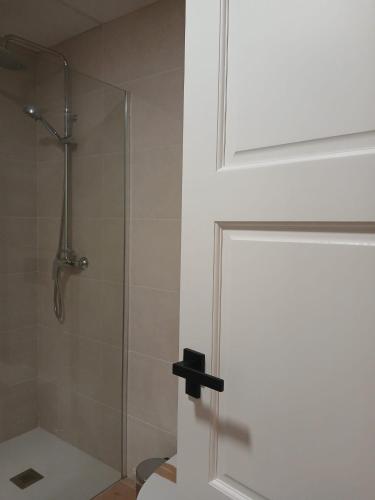 a glass shower door in a bathroom with a toilet at Via Caprasia Alojamiento Rural in Villargordo del Cabriel