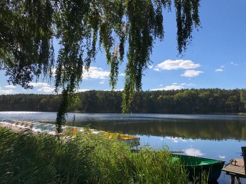 a view of a lake with two boats on the shore at Domki-Temar Kompleks Wypoczynkowy in Dąbie
