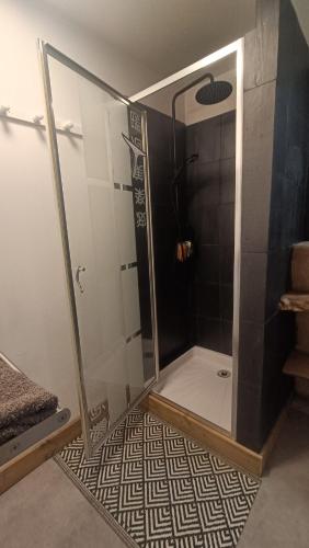 une douche avec une porte vitrée dans une salle de bain dans l'établissement Chez Marie, maison ArtY, à Lauzun