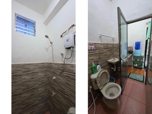 two pictures of a bathroom with a toilet and a shower at Villa Juan y Exequila in Anda