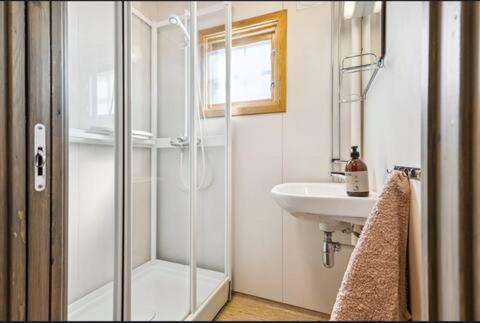 a bathroom with a shower and a sink at Guest favorite - 5 mins from Vøringsfossen in Garden