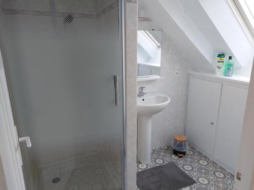 une salle de bain avec douche et lavabo dans l'établissement Location logement entier Maison bourg, proche plages, Arradon - Morbihan, à Arradon
