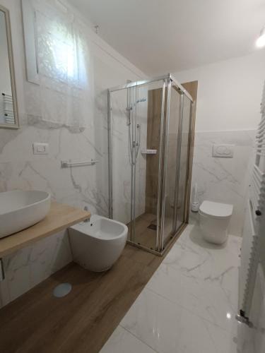a bathroom with a shower and a sink and a toilet at B&b Il Leccio in Subiaco