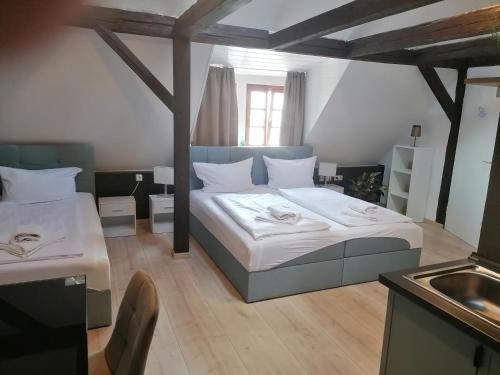 a bedroom with two beds and a sink at Trobischhof in Dresden