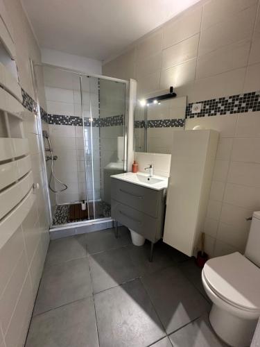 une salle de bain avec un lavabo, une douche et des toilettes dans l'établissement La Clé - Balcon - Climatisation - Wifi - Port - Gare, à Toulon