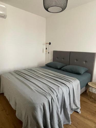 une chambre avec un grand lit avec des oreillers bleus dans l'établissement Appartement F3 Corte, centre ville, à Corte