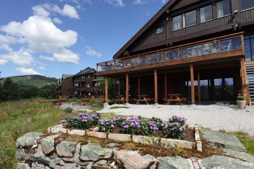 a building with purple flowers in front of it at Hovdestøylen Apartments in Hovden