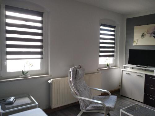 a living room with a chair and two windows at Monteurwohnung Lugau in Lugau