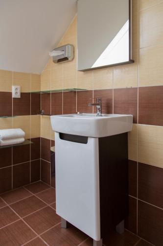 a bathroom with a white sink and a mirror at Rekreačný dom SISI in Podhájska