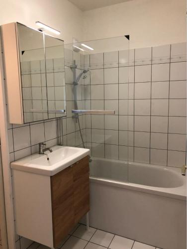 une salle de bain avec un lavabo, une baignoire et un miroir dans l'établissement F1 avec vue dégagée, 6 m2 terrasse, Wi-Fi, à Clermont-Ferrand