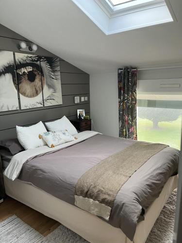 une chambre avec un grand lit et une fenêtre dans l'établissement Chambre chez l'habitant, au pied de la plage, piscine et vue océan, à Bidart