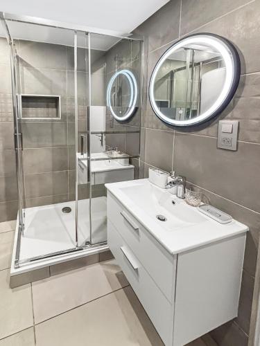 une salle de bain avec une douche, un lavabo et un miroir dans l'établissement Charme, confort & proximité CDG T2 moderne, à Villeneuve-sous-Dammartin