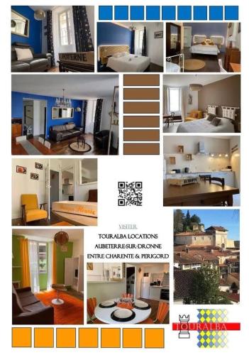 a collage of different pictures of a room at Poterne- Logement raffiné avec jardin in Aubeterre-sur-Dronne