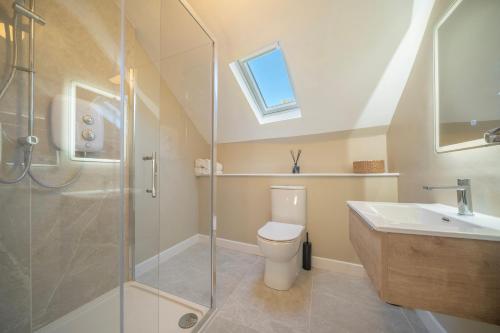 a bathroom with a shower and a toilet and a sink at Kinsale Holiday Homes No2 Newmans Mall in Kinsale