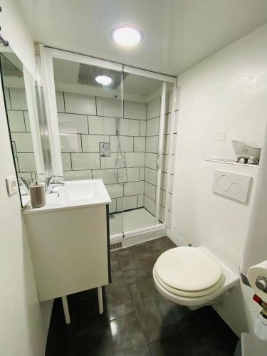 une salle de bain avec toilettes, lavabo et douche dans l'établissement Studio collioure mouret, à Collioure