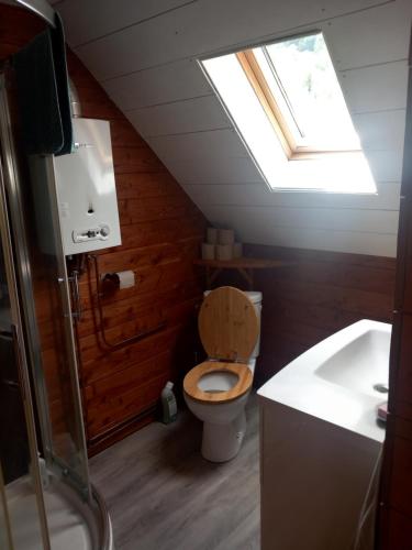 La salle de bains est pourvue de toilettes et d'une lucarne. dans l'établissement Le chalet a la ferme, à Massat