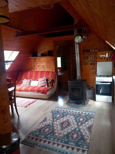 - un salon avec un canapé et une cuisinière dans l'établissement Le chalet a la ferme, à Massat