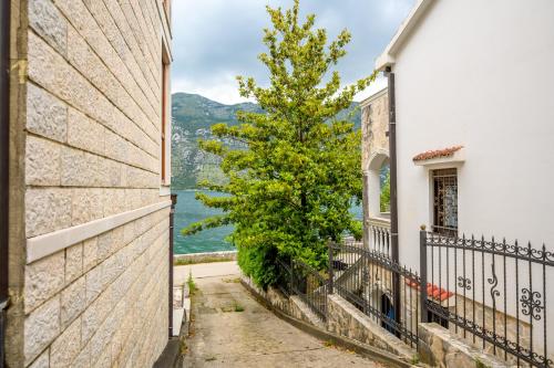 an alleyway between two buildings with a tree at Apartment Coast Stoliv in Donji Stoliv