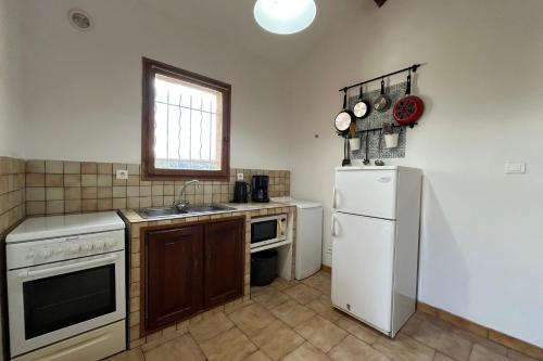 une cuisine avec un réfrigérateur blanc et un évier dans l'établissement 4-guest flat w terrace & shared pool Verdon countryside, à Artignosc-sur-Verdon