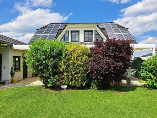 a house with a lot of solar panels on the roof at Schönes Ferienhaus in Radewege mit schönem Garten in Radewege