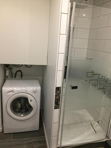 La petite salle de bains est pourvue d'un lave-linge et d'une douche. dans l'établissement Chez Les Jobach F2, à Sélestat