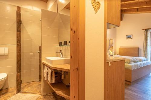 a bathroom with a sink and a toilet and a bed at Piccolo Apartment in Ebbs