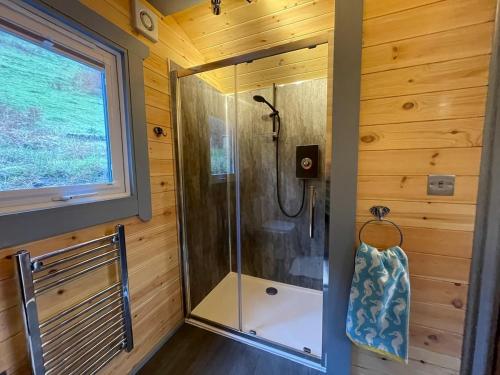 a shower in a wooden bathroom with a window at Luxury Pod and Sauna with Fantastic Sea Views in Oban