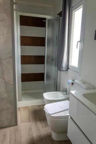 a bathroom with a shower and a toilet and a sink at Agriturismo Il Giardino Degli Ulivi in Lazise