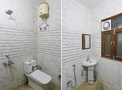 two pictures of a bathroom with a toilet and a sink at Swastik residency Laxmi Nagar by Twamev in New Delhi