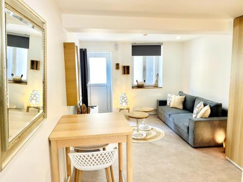 un salon avec un canapé et une table dans l'établissement Studio Signature Bourg d'Olivet, à Olivet