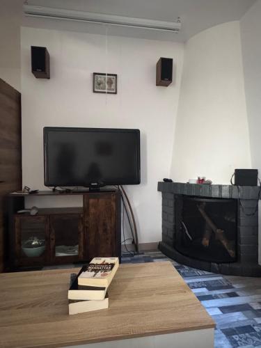 a living room with a tv and a fireplace at La Dama del Agua in Piedralaves