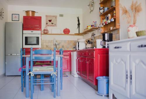 une cuisine avec des armoires rouges et des chaises bleues dans l'établissement Le Fer en Cèze, à Sabran