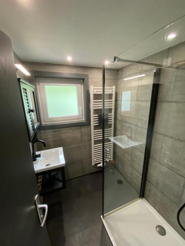デーブリアッハにあるAppartement Felsblick Ferienhaus Fuenf Sinneのシャワーと洗面台付きのバスルーム