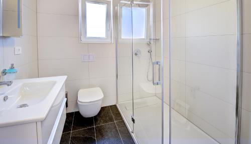 a bathroom with a shower and a toilet and a sink at Cool Šilo Appartement Resort in Šilo